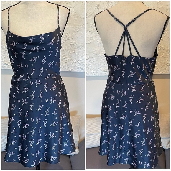 Abercrombie & Fitch Navy Blue Cowl Neck Floral Sleeveless Satin Mini Dress Sz S - Picture 1 of 9